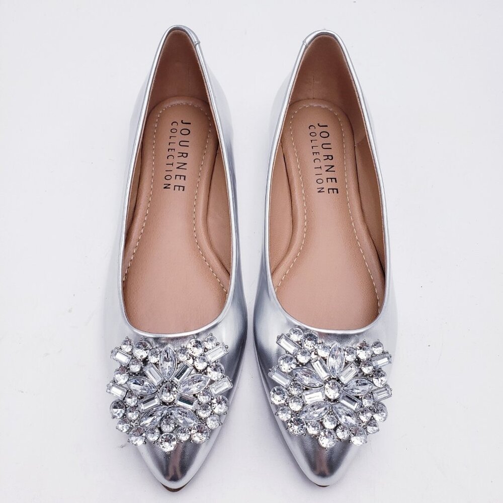 Journee Collection Renzo Slip On Pointed Toe Ballet Flats Silver Rhinestone‎ 7